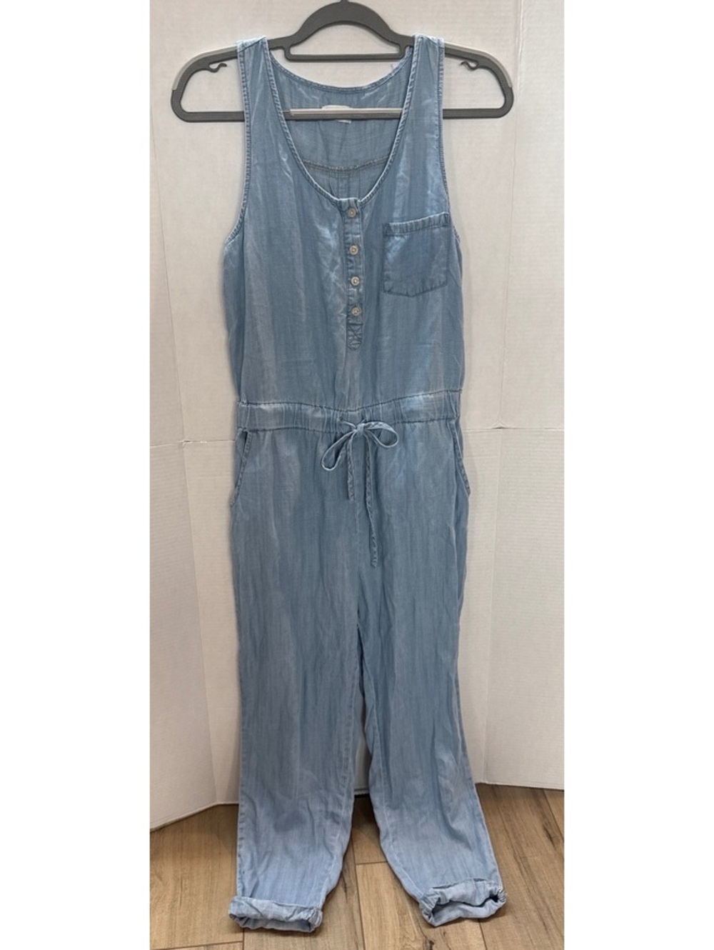 Light Blue Denim Sleeveless Jumpsuit with Drawstring Waist